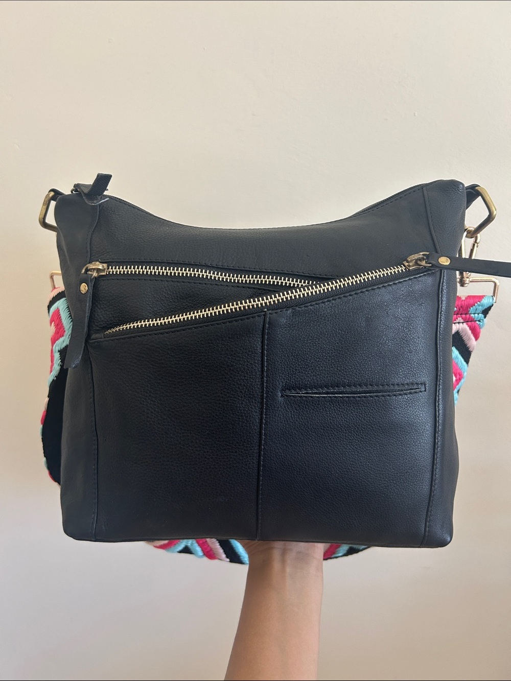 Genuine Leather Crossbody Bag with Patterned Strap